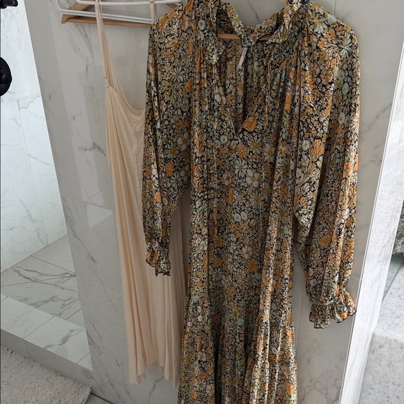 Zara Dresses & Skirts - Floral Long Sleeve Midi Dress in Mustard free people